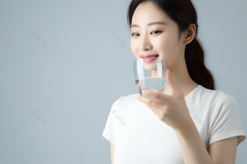 灰色背景居家穿白色上衣的女性喝水摄影图,高清,摄影图,摄影图片,图片大全,摄影图免费下载